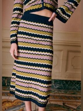 Sezane Parniane Crotchet Olive & Navy Blue Midi Skirt